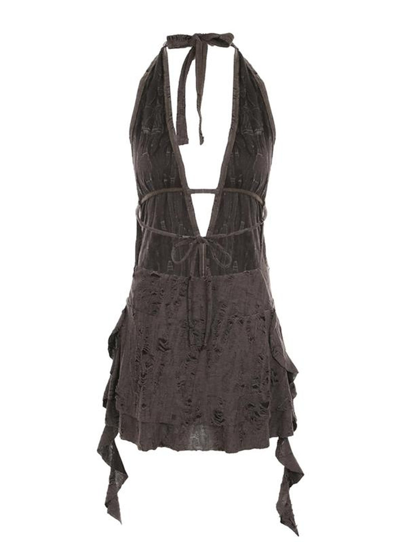 Women'S Solid Color Backless Halter Dress, Casual Sleeveless Dress for Party Club Dating Wear, Ladies Summer Clothes, Summer Dresses, Plunge Neck Dress, Womenswear