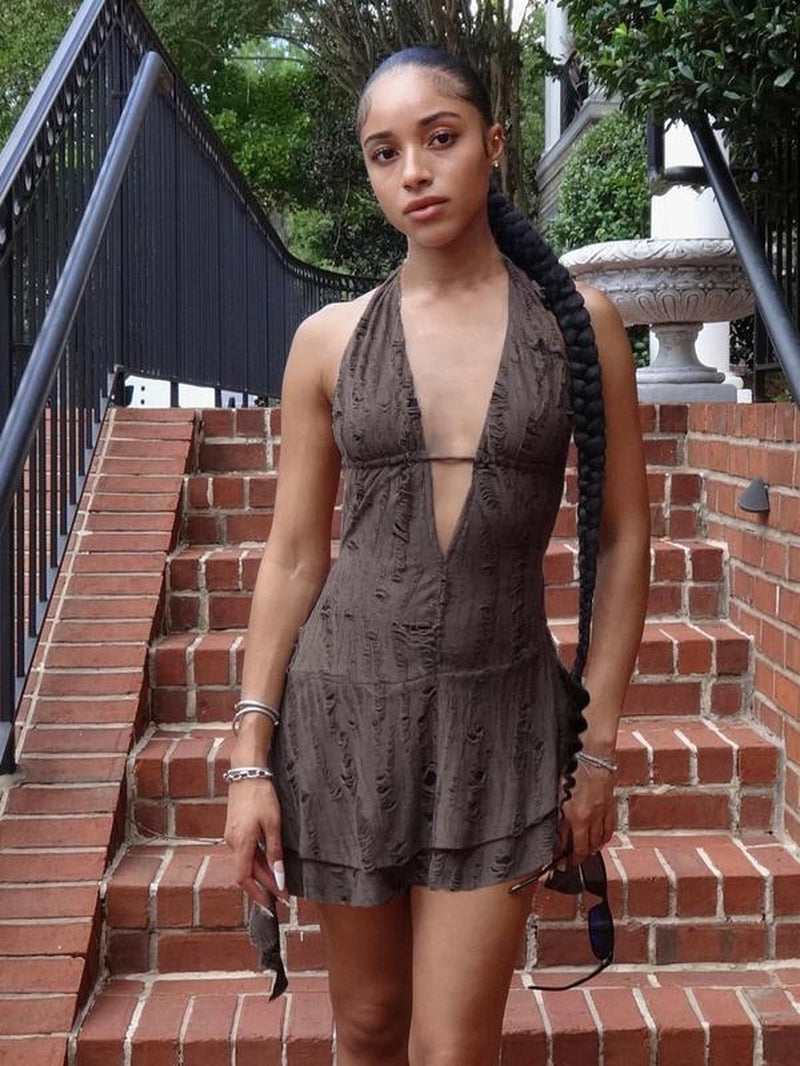 Women'S Solid Color Backless Halter Dress, Casual Sleeveless Dress for Party Club Dating Wear, Ladies Summer Clothes, Summer Dresses, Plunge Neck Dress, Womenswear