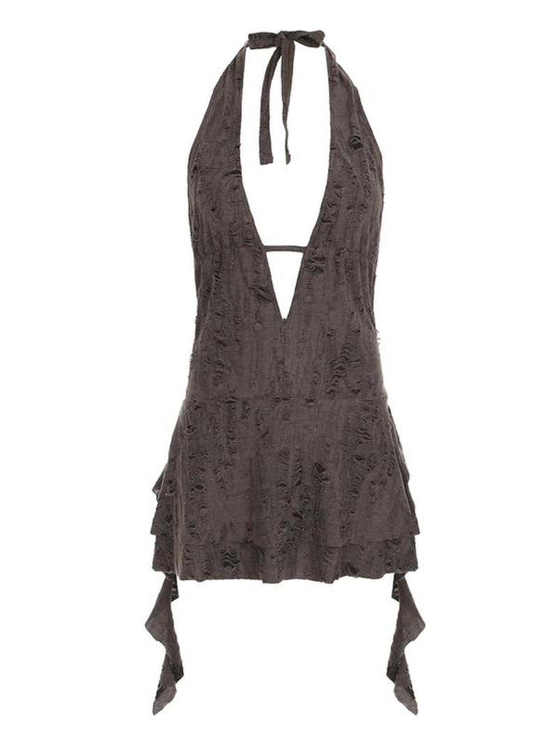 Women'S Solid Color Backless Halter Dress, Casual Sleeveless Dress for Party Club Dating Wear, Ladies Summer Clothes, Summer Dresses, Plunge Neck Dress, Womenswear