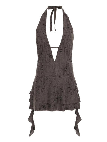 Women'S Solid Color Backless Halter Dress, Casual Sleeveless Dress for Party Club Dating Wear, Ladies Summer Clothes, Summer Dresses, Plunge Neck Dress, Womenswear
